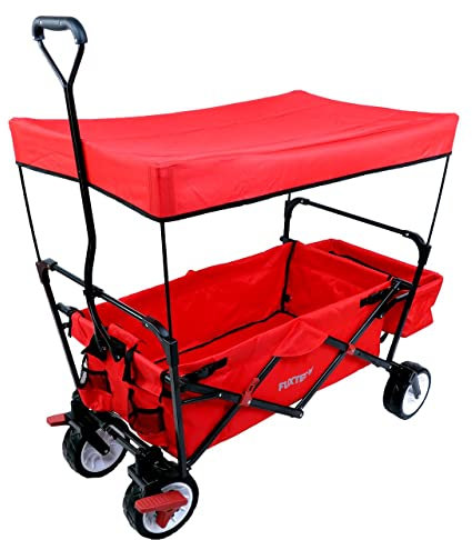 FUXTEC CT350 Red Folding Wagon with Canopy – Compact Pull-Handle Hand Cart & Garden Trolley with Rear Bag, 4-Wheel Design & Cover for Outdoor Transport, Festivals & Beach