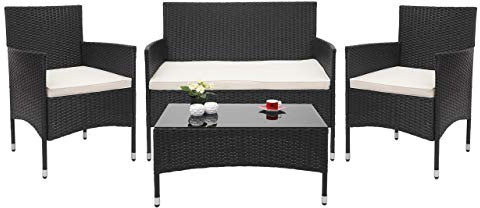 Mendler Poly-Rattan Garnitur HWC-F55, Balkon-/Garten-/Lounge-Set Sofa Sitzgruppe - schwarz, Kissen Creme