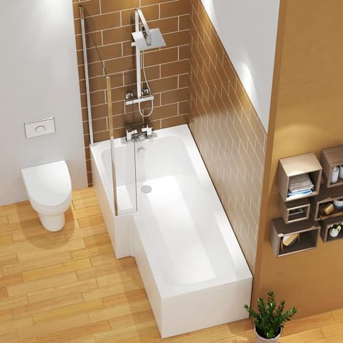 Qubix 1600 x 850mm Left Hand L-Shaped Shower Bath Bathtub with MDF Front Panel + Glass Shower Screen