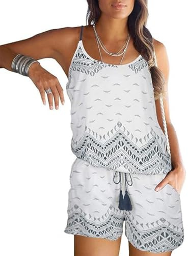 JFAN Combishort Femme ete Chic Combinaison Short Sans Manche avec Cordon et Poches Jumpsuit Shorts Tenue Confortable Décontractée pour Vacances D'été et Plage,Blanc,Taille S