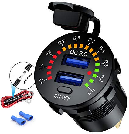 iMESTOU Caricabatterie da Auto Quick Charge 3.0 Impermeabile, 36 W Dual USB QC3.0 Presa di Corrente con Voltmetro e Interruttore e Fusibile da 10 A, Integrato per Veicoli da 12 V/24 V