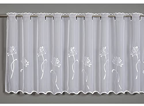 Gardinia Bistro-Gardine mit verdeckten Schlaufen, Transparent, Lichtdurchlässig, Scheibengardine, Voile mit Pusteblumen-Stickerei, 140 x 48 cm, Weiß