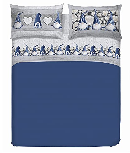 PENSIERI DELICATI Completo Letto Matrimoniale, Flanella 100% Cotone Caldo e Morbido, 2 Piazze 180x200cm, Include Lenzuolo Sotto, Sopra e 2 Federe, Made in Italy, Fantasia Gnomi Blu