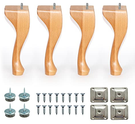 8'' Queen Anne Wooden Furniture Replacement Legs Colour M8 Thread With Level Mounting Plates Protective Felt Pads Set Of 4 Replacement Legs For Sofa Cabinet Footstool Chair Bed Ottoman (Clear Lacquer)