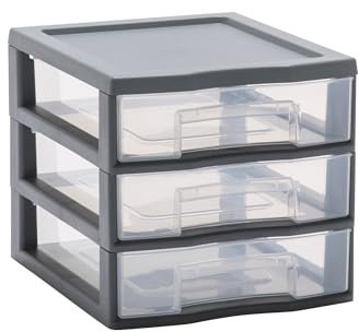 SUNDIS Tag Tower, petite tour de rangement en plastique gris, 3 tiroirs transparents format A6, hauteur 17 cm, superposable, idéale rangement cosmétiques, bijoux, accessoires, fournitures