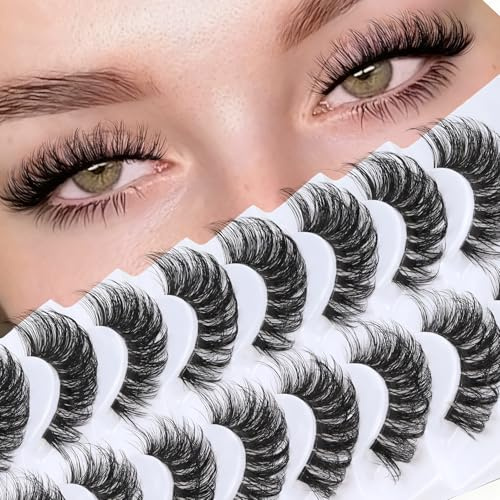 Veleasha Falsche Wimpern Russische Streifen Wimpern with klarem Band Sieht aus wie Wimpernverlängerung D Curl Wimpernstreifen 10 Paar Packung (DT05)