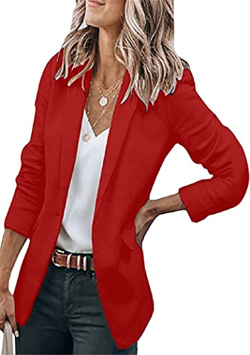 OMZIN Femmes Casual Blazer avec Epaulettes Ouvert Devant Manches Longues Vestes De Travail Bureau Blazer Rouge M