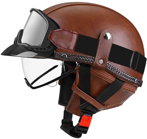 Casque de Moto Vintage Cuir Retro Vintage Scooter Open Face Demi Casque de Cuir avec Lunettes Certifié ECE Bols pour Homme et Femme Adultes Demi-Casques avec Sac de Rangement