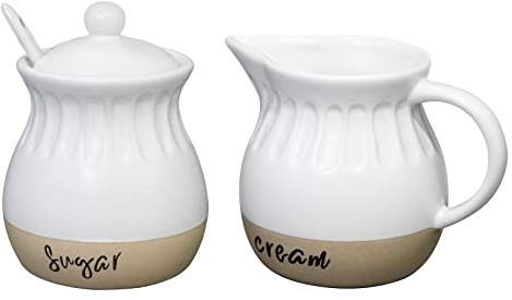 Karisky Sugar and Creamer Set, Ceramic Cream Pitcher, Sugar Bowl with Lid and Spoon, Modern Farmhouse Coffee Serving Container Set, White and Natural