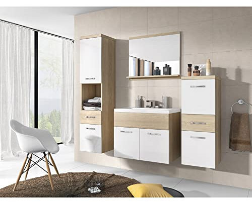MINIO go for it - Badezimmermöbel Set ALO, 4-Teilig Set, mit Spiegel, mit Waschbecken, Laminierte Spannplatte, Farbe: Sonoma Eiche/Weiß Hochglanz
