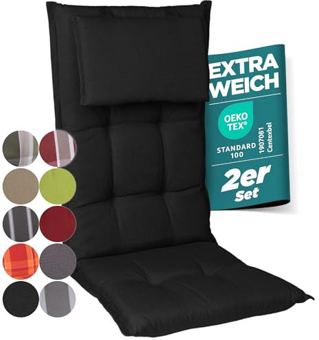 gardisun Gartenstuhlauflagen Hochlehner mit Kopfteil I Extra Dicke Sitzauflagen I Made in Europe I Ideale Polsterauflagen für Hochlehner I Auflagen mit extra hoher Lichtechtheit I 2er Set I Schwarz