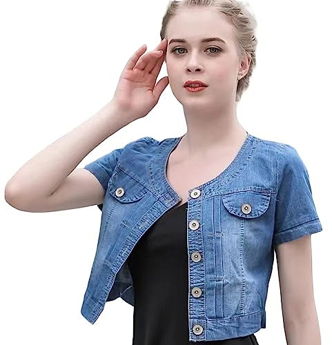 Giubbotto Jeans Donna, Giacca di Jeans A Maniche Corte da Donna Cardigan Abbottonato Estivo Crop Scialle Cappotto di Jeans Elasticizzato Lavaggio Vintage Faded Jean Shrug Jacket Top per Abito,Blu Sc
