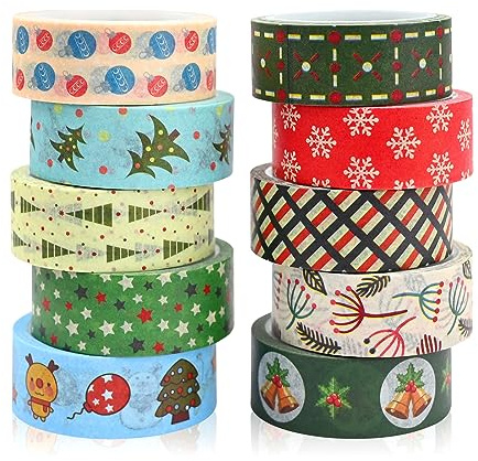 Weihnachten Washi Tape Set,10 Rollen Dekorative Klebeband Dekoband Masking Tape 15mm Multi-Muster Selbstklebendes Klebeband für Weihnachten Handwerk DIY Scrapbooking Geschenk Verpackung Dekorationen