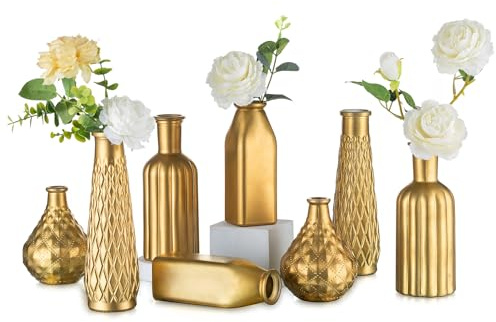 NUPTIO Gläser Vase Kleine Gold: 8er Set Vasen Blumen Tischdeko Hochzeitsdeko Hochzeit Centerpiece Dekogläser Vintage Kristall Deko Wohnzimmer Aesthetic Room Home Decor