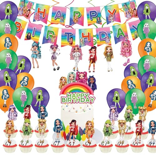 Rain High Luftballons Geburtstag, 50 PCS Birthday Party Supplies, Deko Geburtstag Mädchen mit Happy Birthday Banner, Luftballons, Kuchendekoration, Hängende Spiralen