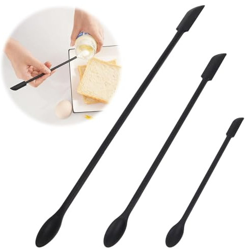 Teigschaber Klein, 3 Stück Teigschaber Schmal Mini Silikon Spatel Teigschaber mit Löffel, 2 in 1 Lang Nicht Stick Klein Silikonschaber Küchenutensilien zum Backen Kochen und Mischen (Schwarz)