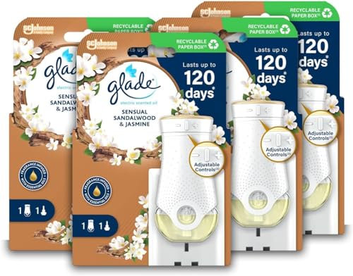 Glade Plug in Air Freshener Holder and Refill, Electric Scented Oil Room Air Freshener, Sandalwood & Jasmine, Pack of 4 Starter Kits, (4 x Holder and 4 x 20 ml Refill)