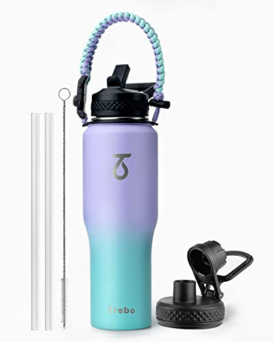 Trebo Borraccia termica 1 litro - Bottiglia acqua termiche - Senza BPA - Borraccia Termica con Cannuccia 2 Coperchi, Viola