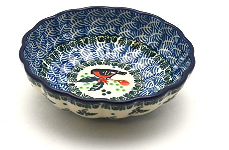 Polish Pottery Bowl - Shallow Scalloped - Small - Red Robin