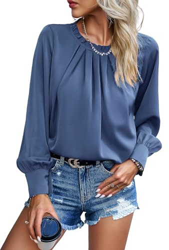 Atxnn Damen Bluse Chiffon Elegant Oberteile Langarm Tunika Falten Stehkragen Tops Casual Blusenshirt Locker Arbeit Shirts Hemd Streetwear