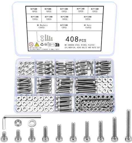 Ewwtrey 408 STK M4 Schrauben Set, Zylinderschrauben mit Innensechskant Schrauben Muttern Set, Schwarze Sechskantschrauben Set, Maschinenschrauben und Muttern und Unterlegscheiben Set(Silber 408)