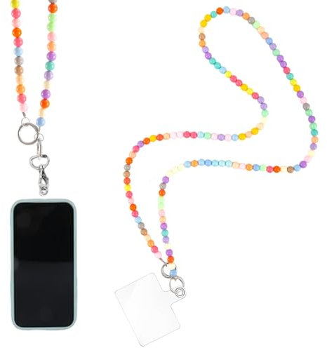 YIZWINS Cordon Telephone Portable, Universelles Chaine Telephone Portable, Bijoux de Telephone Porte Badge Tour de Cou, Perles Multicolores Chaine de Telephone avec 2 Patchs(Longueur 120cm)