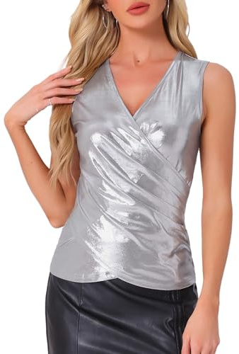 Allegra K Damen Metallic Wickeltop Party-Club Ärmellos V-Ausschnitt Leichtes Rüschen Tanktop Silber L