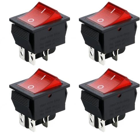 Powice 4 Stück Glühen Schalter,Schiffstyp Selbstsichernder 4-Poliger Schalter 230V mit Rotem Licht,Wippschalter16A/250V/20A/125V Geeignet für den Einbau in Häusern, Autos und Elektrischen Geräten(Rot)