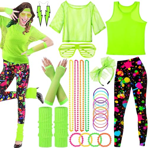 SaiXuan 26 st 80-tals neonkläder damset, nätskjorta damer, fluorescerande västar, pannband, örhängen, halsband, näthandskar, för 80-tals outfit, temafester, scenshower (XL)