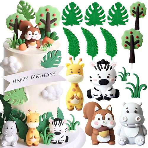 LaVenty Jungle Animals Figures Cake Topper Woodland Animals Cake Toppers Woodland Birthday zebra giraffe Squirrel Cake Figures