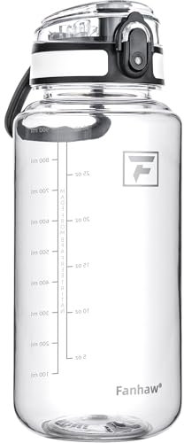 Fanhaw 1L Clear Tritan Water Bottle with Chug Lid, BPA-free, Wide Mouth, Leak Proof - for Gym, Travel, Home, School, Office (Clear&White)