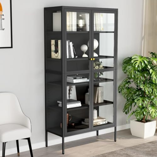 Willood Vitrinenschrank Mehrzweckschrank mit Glastüren Wohnzimmer Metallschrank Anthrazit 90 x 40 x 180 cm