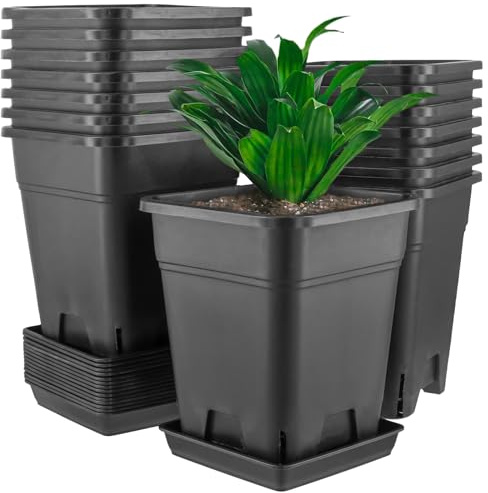 MUNGHOK Lot de 15 pots à planter en plastique 14 x 14 cm, pots de semis, pots carrés, pots de fleurs avec sous-verre, pots carrés pour semis noirs pour intérieur et extérieur