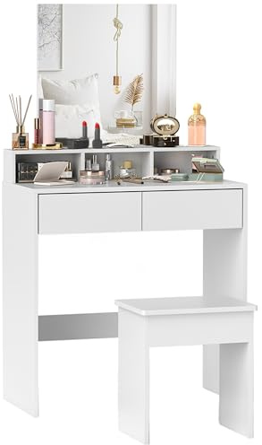 HOMCOM Postazione Trucco con Sgabello e Specchio 75x38x135 cm Bianco | Tavolo da Trucco, 3 Ripiani, 2 Cassetti, Toeletta Trucco Moderno in Legno per Camera da Letto