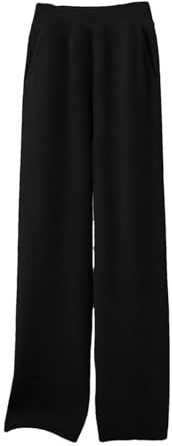 Ownwfeat Pantalones de lana de punto de pierna ancha para mujer, cintura elástica, casuales, sueltos, cálidos, de pierna recta, Negro, L Largo