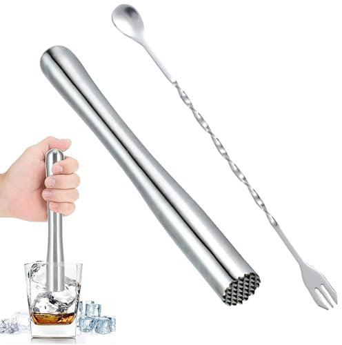 Cocktail Stampfer Muddler,Cocktail Stößel Aus Edelstahl mit Stößel Rührlöffel Eiszerkleinerer Stampfer Zum Maischen Von Eiswürfeln Und Früchten,Barkeeper Bar Tool Essentials Set Von 2