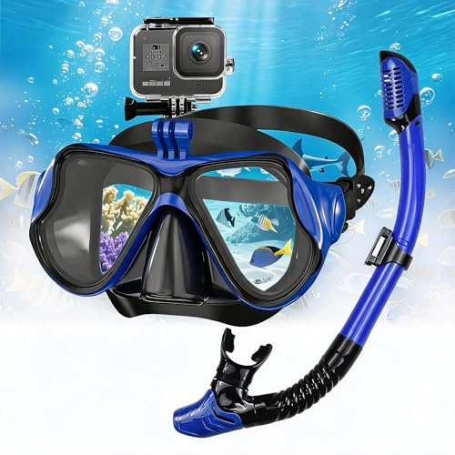 Shyllin Gafas Buceo y Tubo de Snorkel Set, Máscara de Buceo con Esnórquel Adultos, Gafas Snorkeling Panorámicas Máscara de Snorkel Antivaho Antifugas Cristal Templado con Soporte Cámara (Azul)