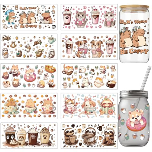 arricraft 10 Blatt Kaffee Tiere Thema UV DTF Cup Wrap Für 16OZ Glas Wasserschwein Katze Hund Faultier Abziehbilder Cartoon PVC Transferaufkleber Für Selbstgemachte Tassen Und Flaschen
