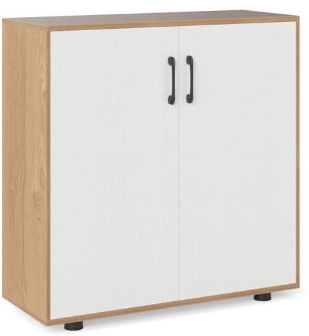 COSTWAY Buffet Sideboard, Wooden Storage Cabinet with 2 Doors, 5-Position Adjustable Shelf & Anti-Tipping Kits, Modern Accent Cupboard Display Organiser for Kitchen Dining Living Room (White+Natural)