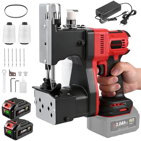 ONEVAN Macchina da CucireElettrica, 2 Batterie 3,0AH, Motore in Rame 210W, Per Sacchi in Tessuto, Iuta e Carta Kraft, Tagliafilo Automatico, Spessore di Cucitura 8-15 mm, Ideale per Industria (Rosso)