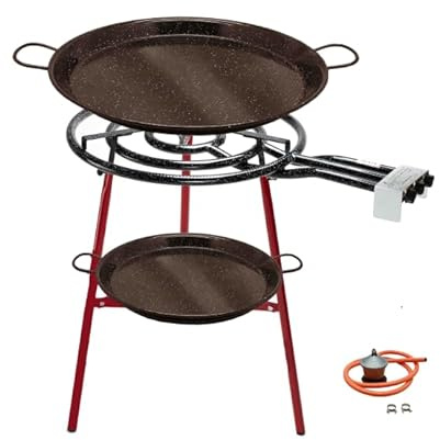 FERRETERIA LEPANTO Kit Paellero, Kit Paellero, Quemador a Gas butano, paellera acero pulido, regulador de Gas + 1,5 metros de Manguera, soporte de 3 Patas reforzadas (Esmaltado, 70 CM)