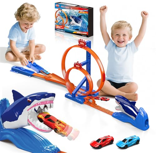 VATOS Shark Race Track Car Toys, Jumping Racing Game Track Toy with 2 Race Cars & 2 Stunt Loops, Shark Car Racing Tracks with Launchers, Kids Toys Gift for Boys Girls Ages 3 4 5 6 7 8