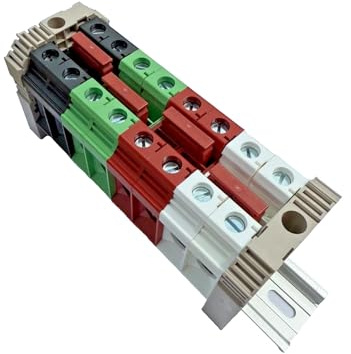 Power Distribution UL International Connector Dinkle Parallel Assembly White Red Green Black with Jumpers DIN Rail Terminal Blocks L1 L2 N GND (150 Amp)