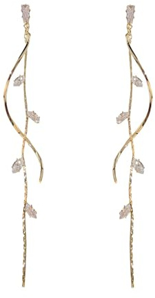 Boucles d’Oreilles Femme Pendantes Or – Longues Boucles d’Oreilles Fantaisie avec Chaîne et Feuille Strass – Boucle d’Oreille Femme Dorée Élégante – Bijoux Mode Cadeau Anniversaire Mariage Soirée