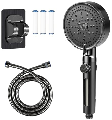 RANKOMU Pommeau de Douche Haute Pression et Économie d'Eau 10-en-1 avec Fonction Stop et Douchette, Filtre Anticalcaire à Cartouche PP, Tuyau 1.5M et Support Inclus, 3 Filtres Offerts