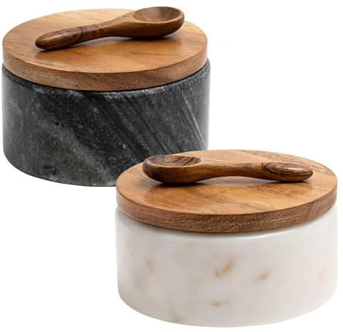 BigKing Juego de 2 Salero de mármol con tapa y cuchara de madera, 2,25 x 4 pulgadas, moderno minimalista, elegante, recipiente para sal y pimienta, bote de almacenamiento para la cocina (negro +