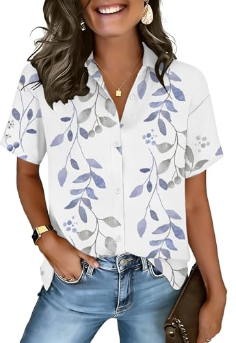 Zeagoo Shirts for Women Button Down Blouses Dressy Casual Short Sleeve Tops White Floral Collared Beach Vacation Outfits