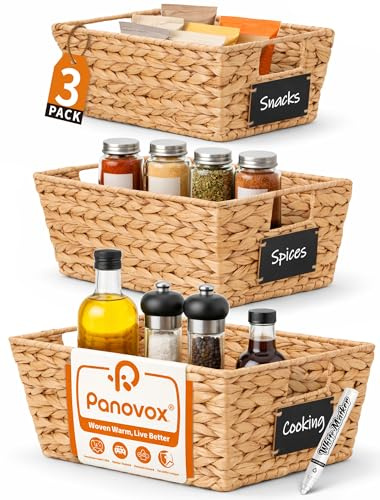 Panovox Pantry Organizers and Storage, Water Hyacinth Storage Baskets for Shelves, Natural Baskets for Organizing, Pantry Baskets with Chalkboard Labels and Marker