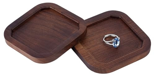 MAYJOYDIY 2 Plateau à Bijoux Carré en Bois de Noyer Style Rétro Boîte à Bijoux Plat Décoratif Petit Vide Poches pour Bagues Colliers Boucles D'Oreilles et Clés, Brun Clair