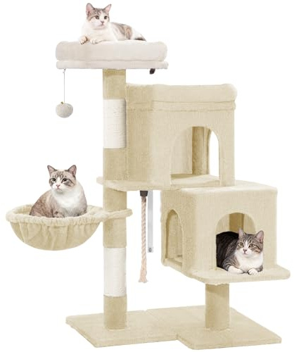 Hzuaneri Arbre a Chat, Petit Arbre à Chat de 95 cm, Griffoir, Beige | Spacieux et Stable, Fond Réglable, avec Grande Plateforme Souple, Pompons, Panier, Corde en Sisal, MS09718YL